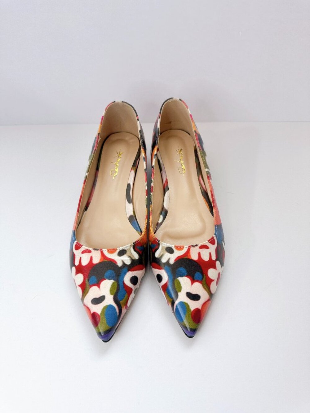 Size 9.5 Colorful Abstract Print Pointed Toe Flats Women’s Low Heel Slip On XYD